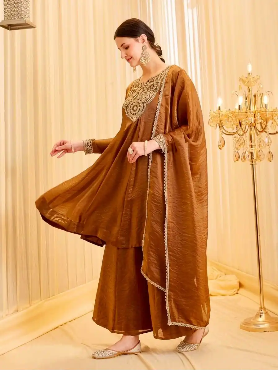 KF 1727 Brown Fandy Silk Salwar Suit Perfect for Wedding, Party, Family Gatherings, Onam, Engagement – . Affordable Price ₹1849. Delivery 4-6 Working Da | Jump Suits, Straight Suits, Casual Suits, Creative suits, Designer Suits, Palazzo Suits, Party Wear Suits, Patiala Suits, Salwar suit