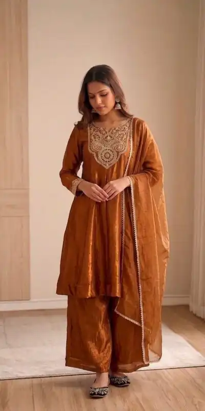 KF 1727 Brown Fandy Silk Salwar Suit Perfect for Wedding, Party, Family Gatherings, Onam, Engagement – . Affordable Price ₹1849. Delivery 4-6 Working Da | Jump Suits, Straight Suits, Casual Suits, Creative suits, Designer Suits, Palazzo Suits, Party Wear Suits, Patiala Suits, Salwar suit
