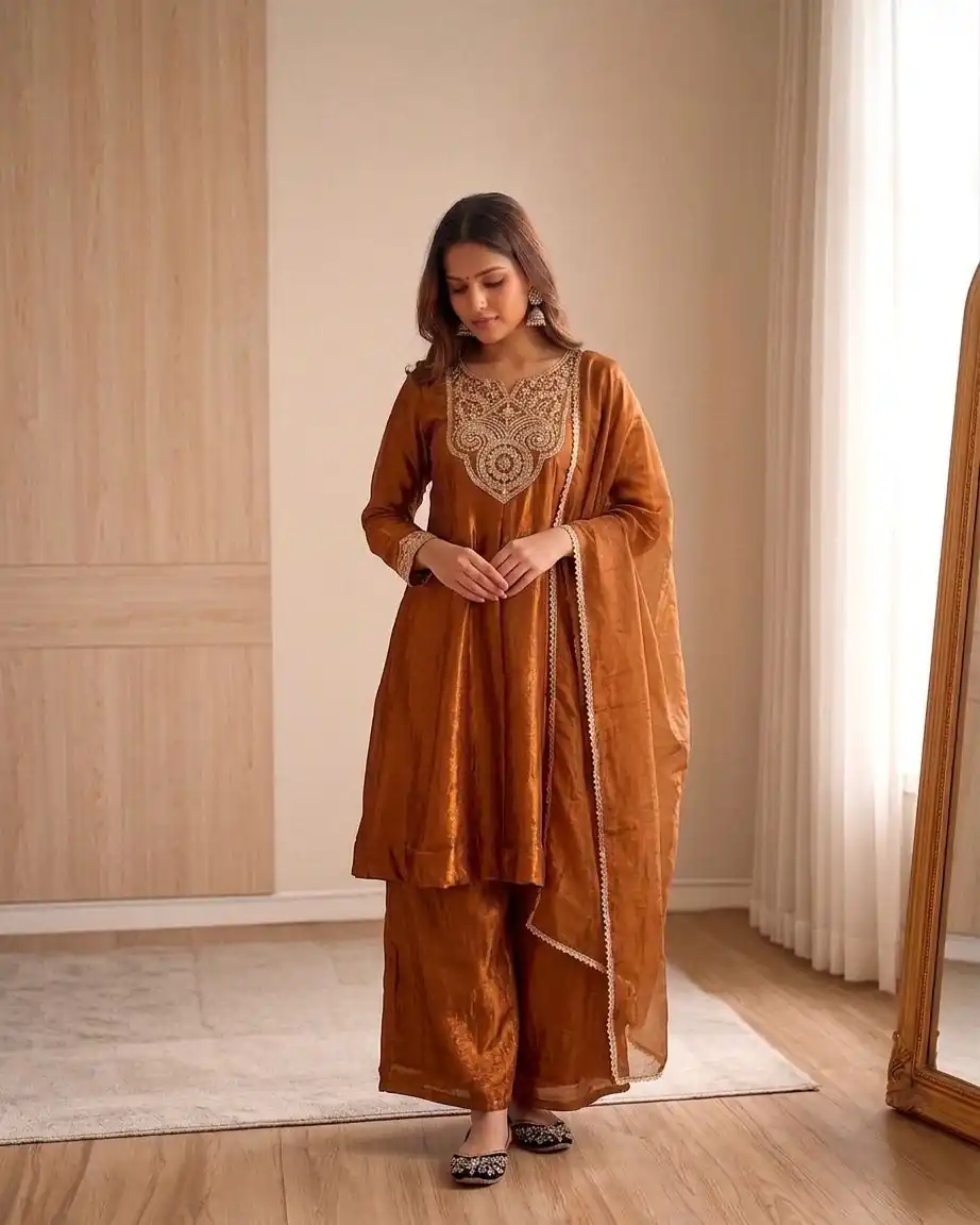 KF 1727 Brown Fandy Silk Salwar Suit Perfect for Wedding, Party, Family Gatherings, Onam, Engagement – . Affordable Price ₹1849. Delivery 4-6 Working Da | Jump Suits, Straight Suits, Casual Suits, Creative suits, Designer Suits, Palazzo Suits, Party Wear Suits, Patiala Suits, Salwar suit