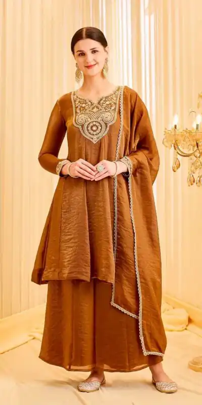 KF 1727 Brown Fandy Silk Salwar Suit Perfect for Wedding, Party, Family Gatherings, Onam, Engagement – . Affordable Price ₹1849. Delivery 4-6 Working Da | Jump Suits, Straight Suits, Casual Suits, Creative suits, Designer Suits, Palazzo Suits, Party Wear Suits, Patiala Suits, Salwar suit