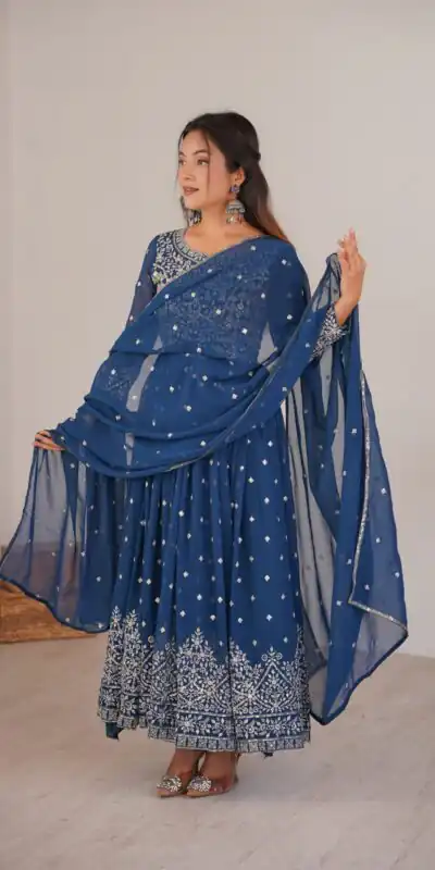 SP 81 Navy Blue| Faux Georgette Salwar Suit with Lace Work & Digital Print. Introductory Price ₹2449. Delivery 4-6 Working Days. Shop now. | Anarkali Suits, Bollywood Anarkali, Creative-Anarkali, Designer Anarkali, Embroidered Anarkali, Party Wear Anarkali, Salwar suit