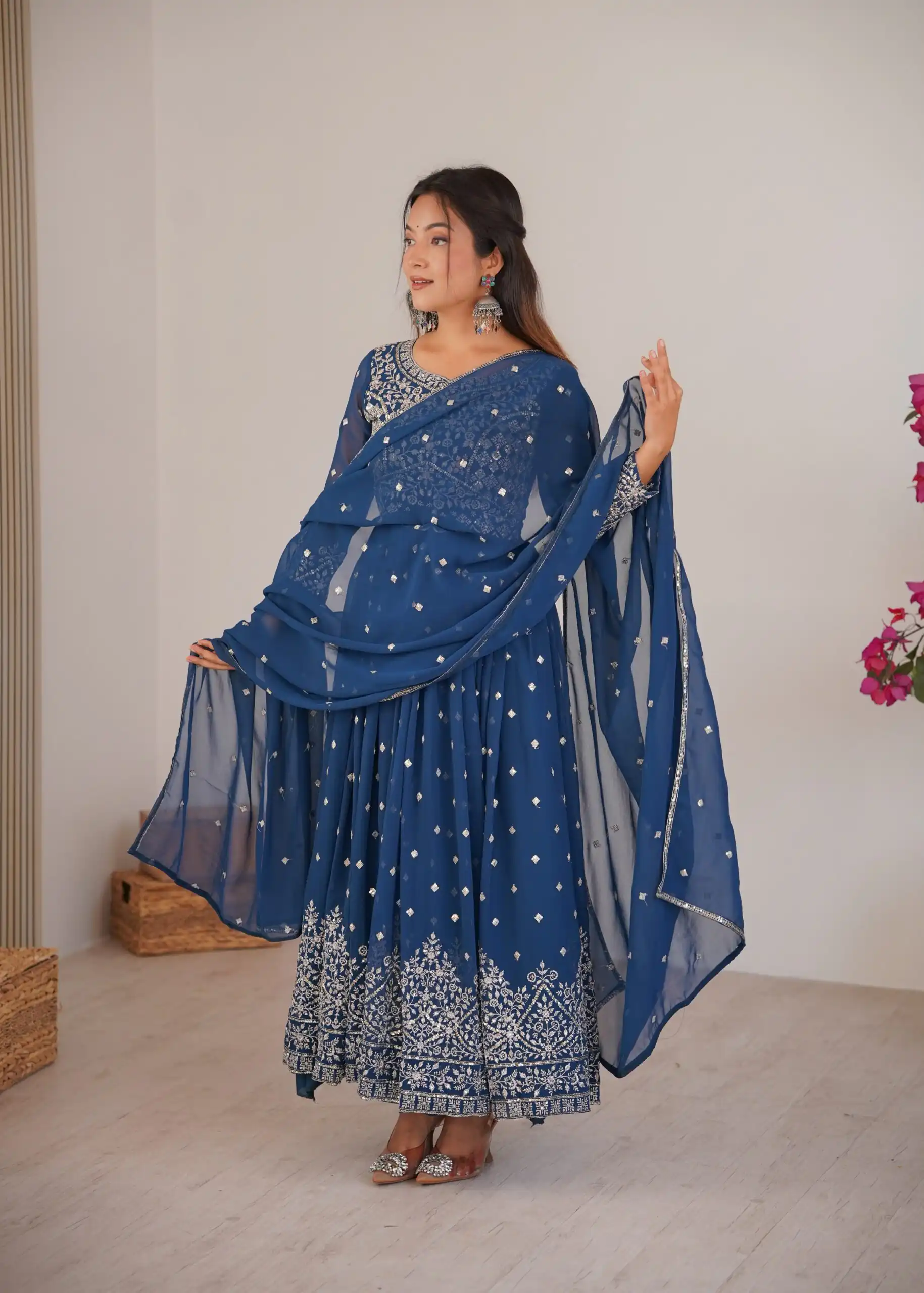 SP 81 Navy Blue| Faux Georgette Salwar Suit with Lace Work & Digital Print. Introductory Price ₹2449. Delivery 4-6 Working Days. Shop now. | Anarkali Suits, Bollywood Anarkali, Creative-Anarkali, Designer Anarkali, Embroidered Anarkali, Party Wear Anarkali, Salwar suit