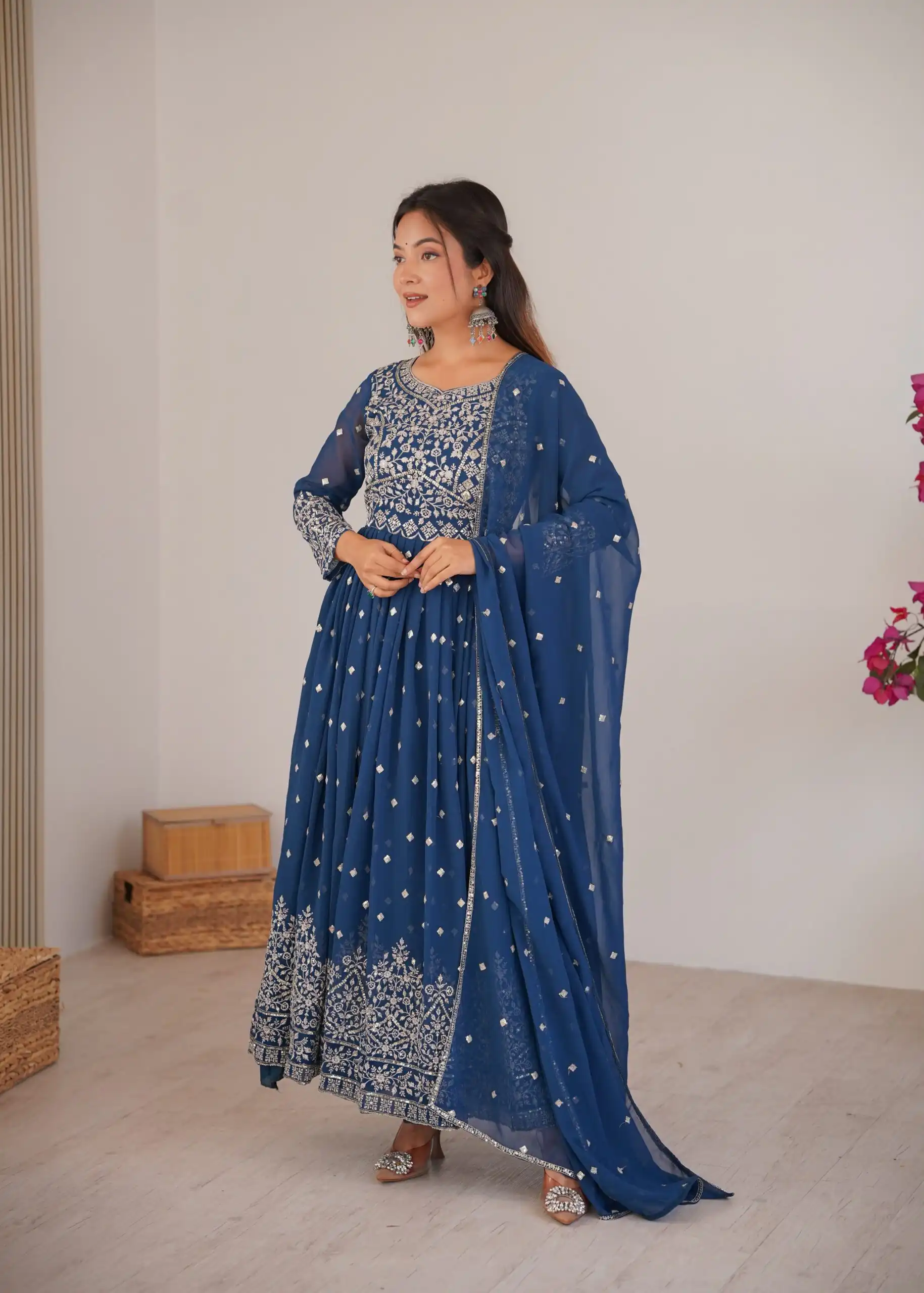 SP 81 Navy Blue| Faux Georgette Salwar Suit with Lace Work & Digital Print. Introductory Price ₹2449. Delivery 4-6 Working Days. Shop now. | Anarkali Suits, Bollywood Anarkali, Creative-Anarkali, Designer Anarkali, Embroidered Anarkali, Party Wear Anarkali, Salwar suit