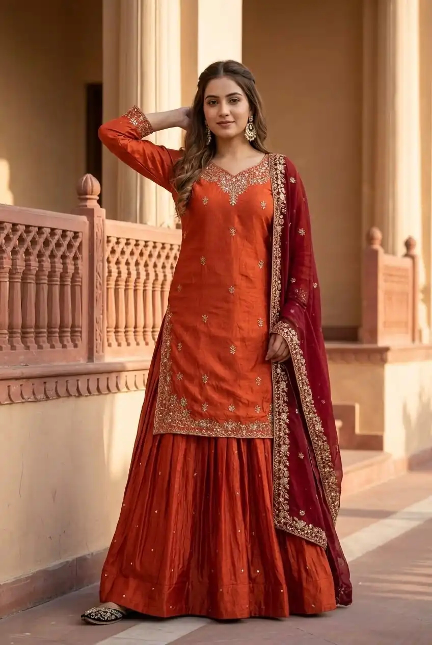 MT 1080 Orange Fandy Silk Lehenga Choli. Perfect for Wedding, Party, Engagement, Reception, Haldi – Available at ₹2399 only. Delivery 4-6 Working Da | Bollywood Lehenga, Creative Lehenga, Designer Lehenga, Embroidered Lehenga, Lehenga, Party Wear Lehenga