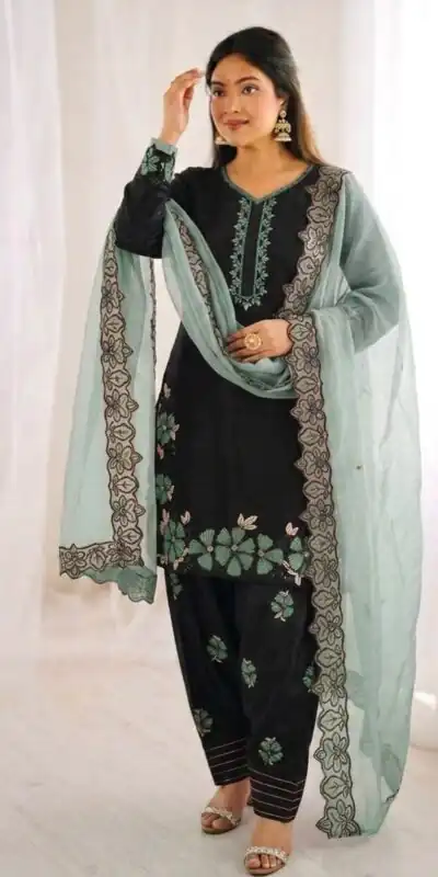 SR 1709 Pista Color Roman Silk Salwar Suit with Embroidery Work. Available at ₹2399 only. Delivery 4-6 Working Days. Shop now. | Jump Suits, Straight Suits, Casual Suits, Creative suits, Designer Suits, Palazzo Suits, Party Wear Suits, Patiala Suits, Salwar suit