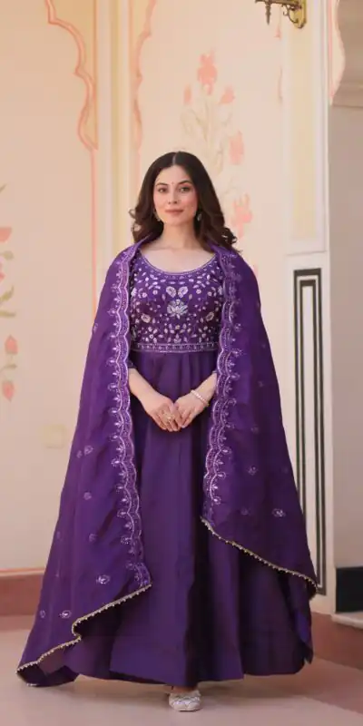 KA 1230 Purple in Gold Crush Zari Work & Embroidery Work Gown . Affordable Price ₹1999. Delivery 4-6 Working Days. Shop now. | Bollywood Gowns, Creative Gowns, Designer Gowns, Embroidered Gowns, Gowns, Party Wear Gowns