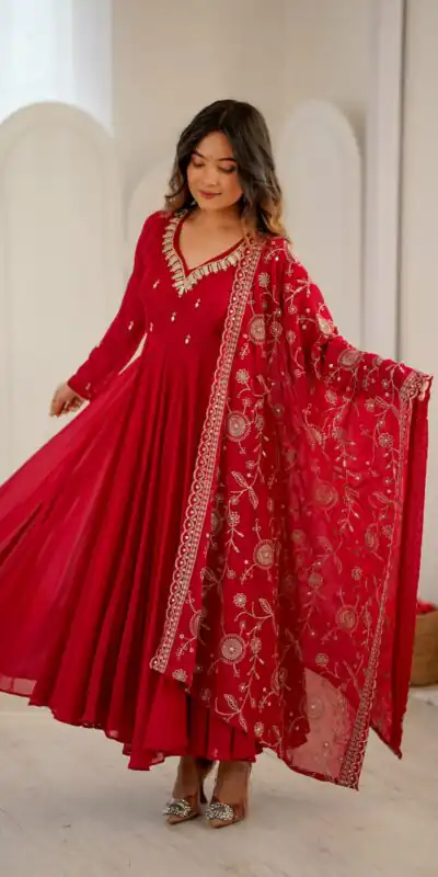 ZF 5025 Red Faux Georgette Gown Perfect for Wedding, Party, Raksha Bandhan, Temple Visit, Onam – . Get it for ₹2149. Delivery 4-6 Working Days. Shop now | Bollywood Gowns, Creative Gowns, Designer Gowns, Embroidered Gowns, Gowns, Party Wear Gowns
