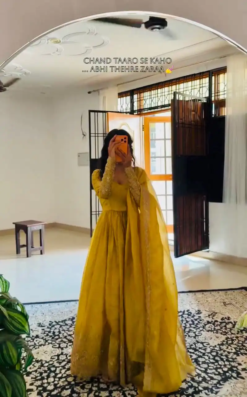 ZF 6012 Yellow in Gold Crush Zari Work & Embroidery Work Gown . Affordable Price ₹2149. Delivery 4-6 Working Days. Shop now. | Bollywood Gowns, Creative Gowns, Designer Gowns, Embroidered Gowns, Gowns, Party Wear Gowns