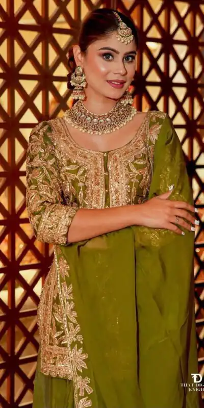 ZD 10095 Mehendi | Chinon Silk Salwar Suit with Sequins Work & Embroidery Work. Exclusive Offer ₹2449. Delivery 4-6 Working Days. Shop now. | Jump Suits, Straight Suits, Casual Suits, Creative suits, Designer Suits, Palazzo Suits, Party Wear Suits, Patiala Suits, Salwar suit