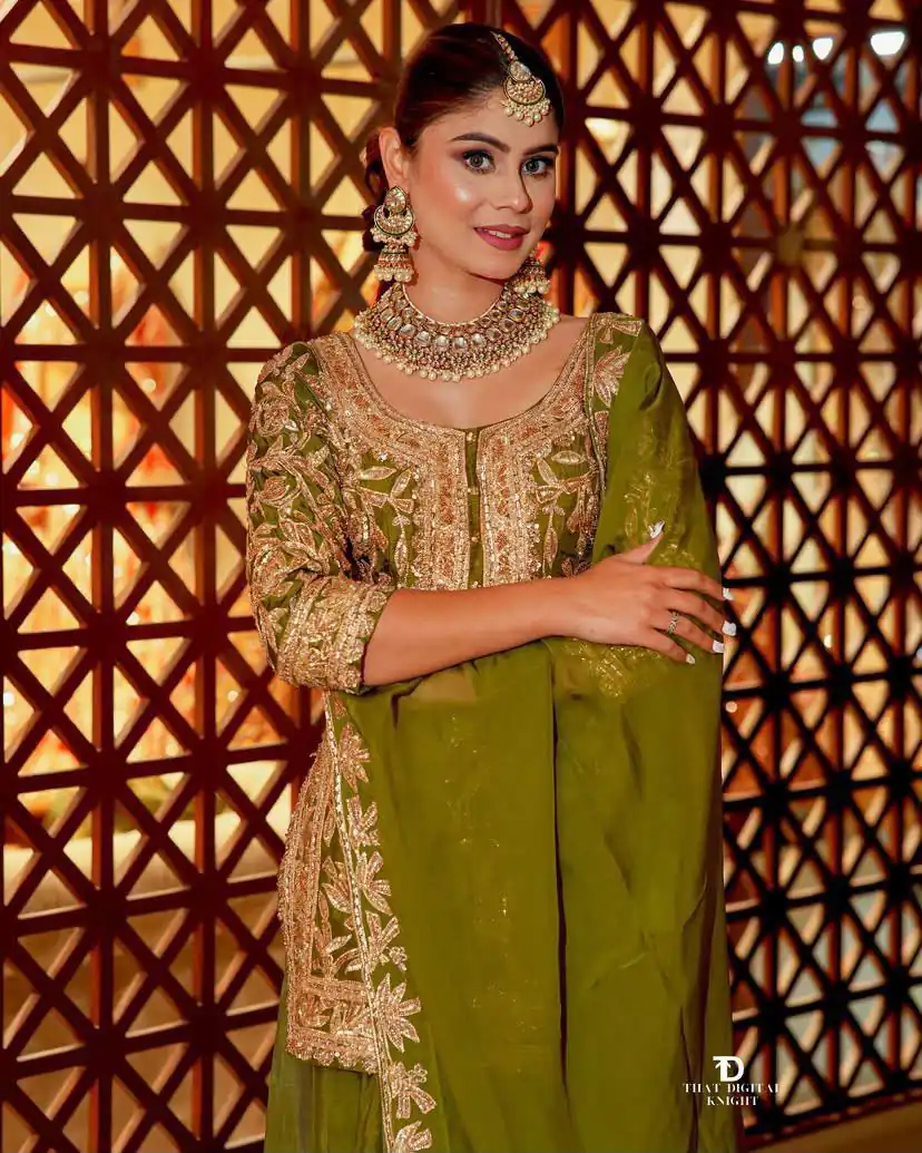 ZD 10095 Mehendi | Chinon Silk Salwar Suit with Sequins Work & Embroidery Work. Exclusive Offer ₹2449. Delivery 4-6 Working Days. Shop now. | Jump Suits, Straight Suits, Casual Suits, Creative suits, Designer Suits, Palazzo Suits, Party Wear Suits, Patiala Suits, Salwar suit