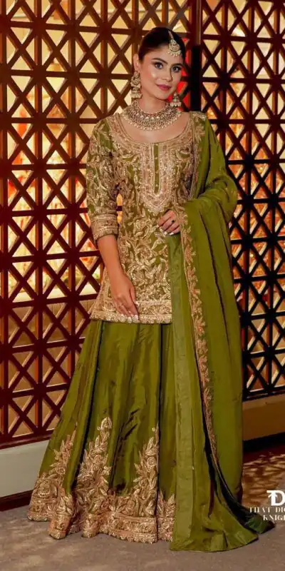 ZD 10095 Mehendi | Chinon Silk Salwar Suit with Sequins Work & Embroidery Work. Exclusive Offer ₹2449. Delivery 4-6 Working Days. Shop now. | Jump Suits, Straight Suits, Casual Suits, Creative suits, Designer Suits, Palazzo Suits, Party Wear Suits, Patiala Suits, Salwar suit