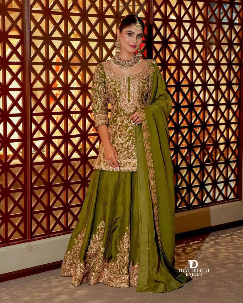 ZD 10095 Mehendi | Chinon Silk Salwar Suit with Sequins Work & Embroidery Work. Exclusive Offer ₹2449. Delivery 4-6 Working Days. Shop now. | Jump Suits, Straight Suits, Casual Suits, Creative suits, Designer Suits, Palazzo Suits, Party Wear Suits, Patiala Suits, Salwar suit