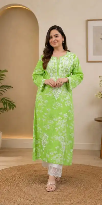 MF 1130 Parrot Green in Colour Poly Cotton Chikenkari Work & Lace Work Kurti . Festive Deal ₹1499. Delivery 4-6 Working Days. Shop now. | Bollywood Kurti, Creative Kurtis, Designer Kurti, Kurti, Party Wear Kurti, Selfie Kurti