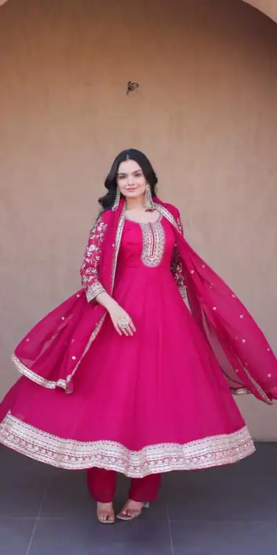 KA 1253 Pink Faux Blooming Gown Perfect for Wedding, Party, Ethnic Day, Mehendi, Eid – . Now at just ₹2399. Delivery 4-6 Working Days. Shop now. | Bollywood Gowns, Creative Gowns, Designer Gowns, Embroidered Gowns, Gowns, Party Wear Gowns
