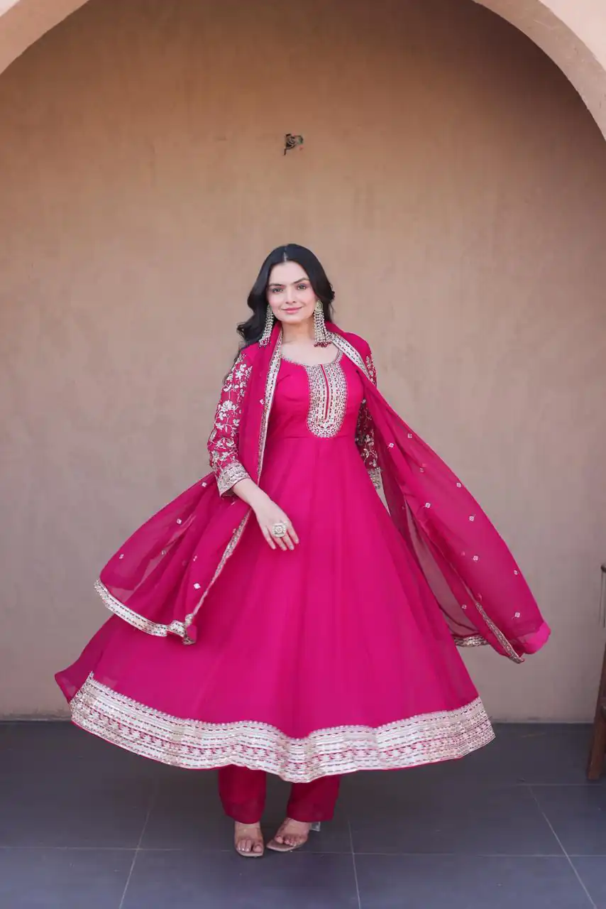 KA 1253 Pink Faux Blooming Gown Perfect for Wedding, Party, Ethnic Day, Mehendi, Eid – . Now at just ₹2399. Delivery 4-6 Working Days. Shop now. | Bollywood Gowns, Creative Gowns, Designer Gowns, Embroidered Gowns, Gowns, Party Wear Gowns