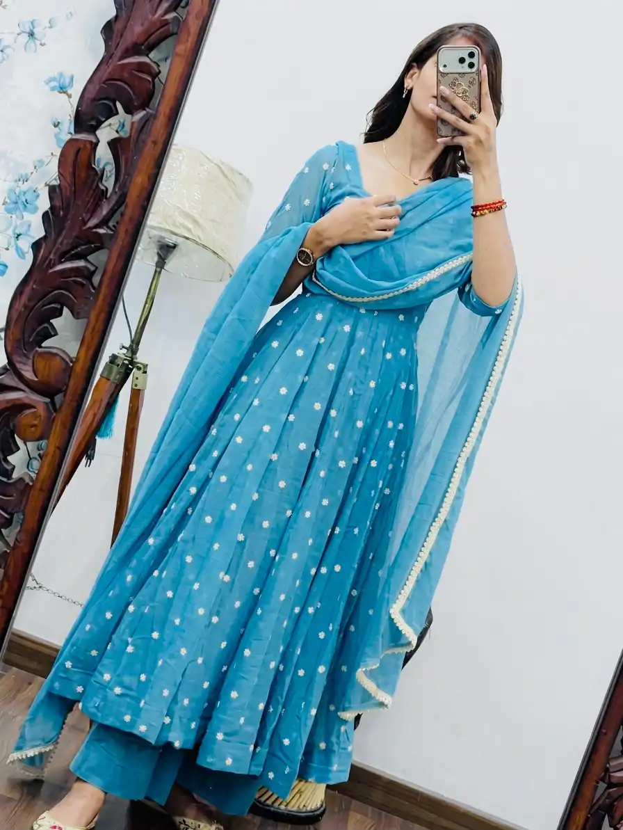 SRK 5358 Sky Blue with Thread Embroidery & Work Sky Blue Georgette Gown . Festive Deal ₹1899. Delivery 4-6 Working Days. Shop now. | Bollywood Gowns, Creative Gowns, Designer Gowns, Embroidered Gowns, Gowns, Party Wear Gowns