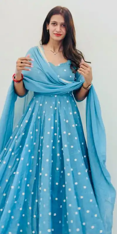 SRK 5358 Sky Blue with Thread Embroidery & Work Sky Blue Georgette Gown . Festive Deal ₹1899. Delivery 4-6 Working Days. Shop now. | Bollywood Gowns, Creative Gowns, Designer Gowns, Embroidered Gowns, Gowns, Party Wear Gowns