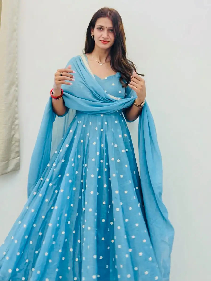 SRK 5358 Sky Blue with Thread Embroidery & Work Sky Blue Georgette Gown . Festive Deal ₹1899. Delivery 4-6 Working Days. Shop now. | Bollywood Gowns, Creative Gowns, Designer Gowns, Embroidered Gowns, Gowns, Party Wear Gowns