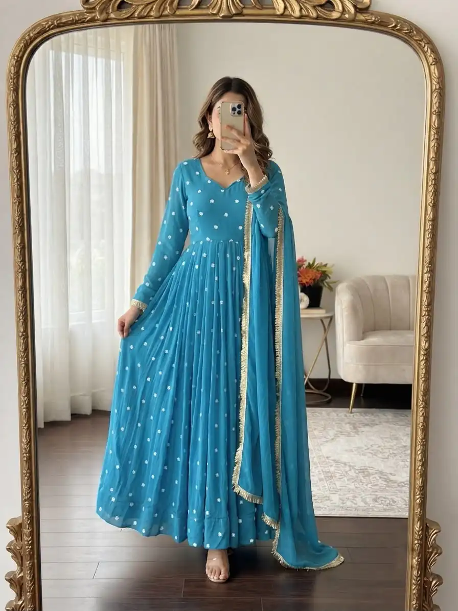 SRK 5358 Sky Blue with Thread Embroidery & Work Sky Blue Georgette Gown . Festive Deal ₹1899. Delivery 4-6 Working Days. Shop now. | Bollywood Gowns, Creative Gowns, Designer Gowns, Embroidered Gowns, Gowns, Party Wear Gowns