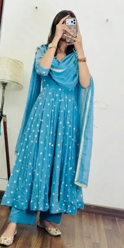 SRK 5358 Sky Blue with Thread Embroidery & Work Sky Blue Georgette Gown . Festive Deal ₹1899. Delivery 4-6 Working Days. Shop now. | Bollywood Gowns, Creative Gowns, Designer Gowns, Embroidered Gowns, Gowns, Party Wear Gowns