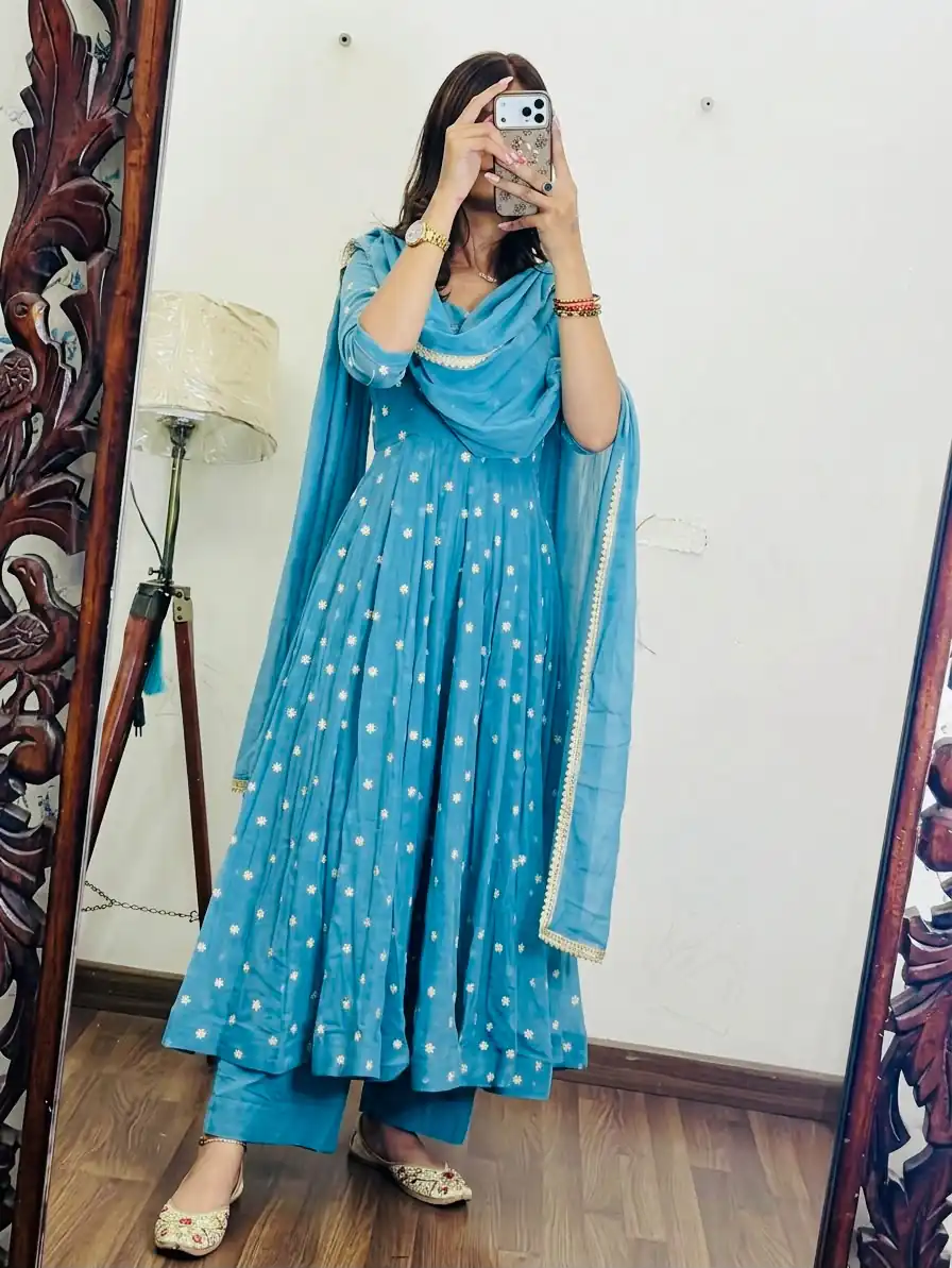 SRK 5358 Sky Blue with Thread Embroidery & Work Sky Blue Georgette Gown . Festive Deal ₹1899. Delivery 4-6 Working Days. Shop now. | Bollywood Gowns, Creative Gowns, Designer Gowns, Embroidered Gowns, Gowns, Party Wear Gowns