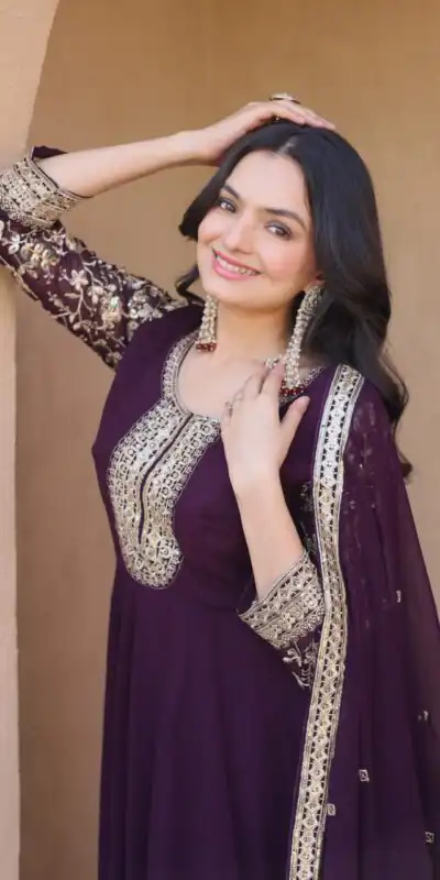 KA 1253 Wine Faux Blooming Gown Perfect for Wedding, Party, Ethnic Day, Mehendi, Eid – . Now at just ₹2399. Delivery 4-6 Working Days. Shop now. | Bollywood Gowns, Creative Gowns, Designer Gowns, Embroidered Gowns, Gowns, Party Wear Gowns
