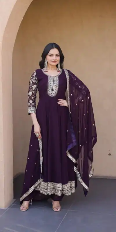 KA 1253 Wine Faux Blooming Gown Perfect for Wedding, Party, Ethnic Day, Mehendi, Eid – . Now at just ₹2399. Delivery 4-6 Working Days. Shop now. | Bollywood Gowns, Creative Gowns, Designer Gowns, Embroidered Gowns, Gowns, Party Wear Gowns