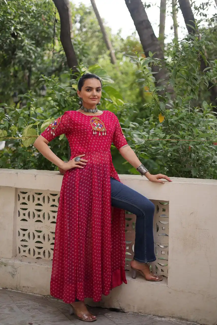 KA 1193 Pink Fox Georgette Kurti with Lace Work & Mirror Work. Affordable Price ₹1619. Delivery 4-6 Working Days. Shop now. | Bollywood Kurti, Creative Kurtis, Designer Kurti, Kurti, Party Wear Kurti, Selfie Kurti