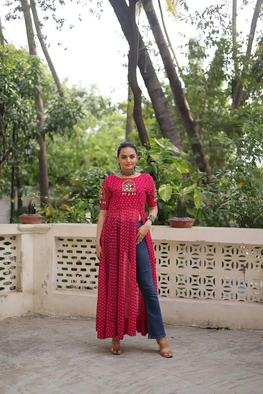 KA 1193 Pink Fox Georgette Kurti with Lace Work & Mirror Work. Affordable Price ₹1619. Delivery 4-6 Working Days. Shop now. | Bollywood Kurti, Creative Kurtis, Designer Kurti, Kurti, Party Wear Kurti, Selfie Kurti
