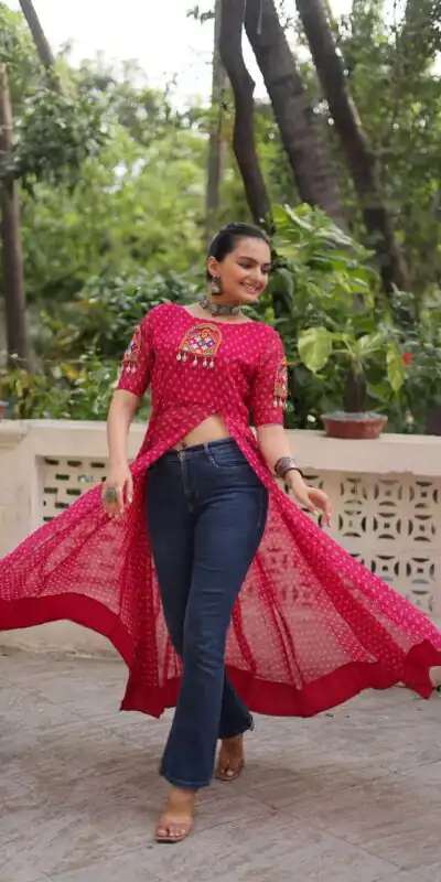 KA 1193 Pink Fox Georgette Kurti with Lace Work & Mirror Work. Affordable Price ₹1619. Delivery 4-6 Working Days. Shop now. | Bollywood Kurti, Creative Kurtis, Designer Kurti, Kurti, Party Wear Kurti, Selfie Kurti