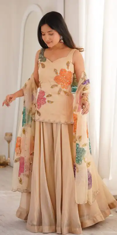 KD 1625 Chiku | Tabby Organza Silk Salwar Suit with Designer Work. Exclusive Offer ₹2099. Delivery 4-6 Working Days. Shop now. | Jump Suits, Straight Suits, Casual Suits, Creative suits, Designer Suits, Palazzo Suits, Party Wear Suits, Patiala Suits, Salwar suit