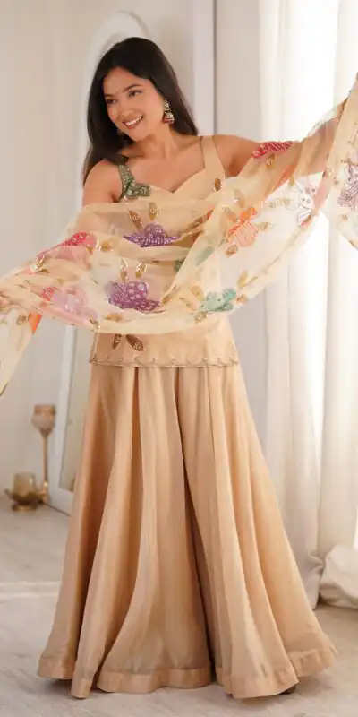 KD 1625 Chiku | Tabby Organza Silk Salwar Suit with Designer Work. Exclusive Offer ₹2099. Delivery 4-6 Working Days. Shop now. | Jump Suits, Straight Suits, Casual Suits, Creative suits, Designer Suits, Palazzo Suits, Party Wear Suits, Patiala Suits, Salwar suit