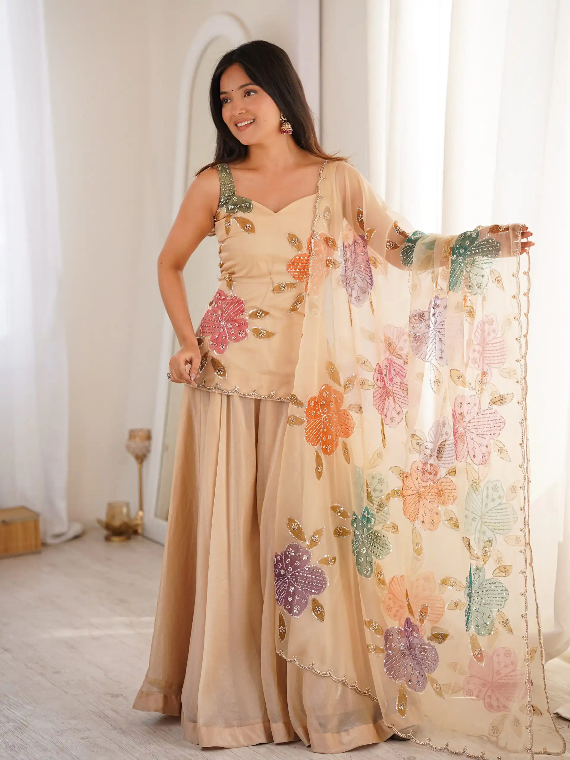 KD 1625 Chiku | Tabby Organza Silk Salwar Suit with Designer Work. Exclusive Offer ₹2099. Delivery 4-6 Working Days. Shop now. | Jump Suits, Straight Suits, Casual Suits, Creative suits, Designer Suits, Palazzo Suits, Party Wear Suits, Patiala Suits, Salwar suit