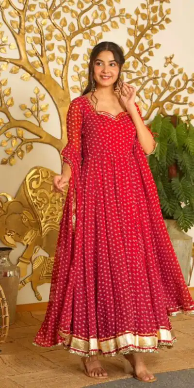 KD 1637 Red in Colour Faux Georgette Bandhani Print Work Gown. Available at ₹1999 only. Delivery 4-6 Working Days. Shop now. | Bollywood Gowns, Creative Gowns, Designer Gowns, Embroidered Gowns, Gowns, Party Wear Gowns