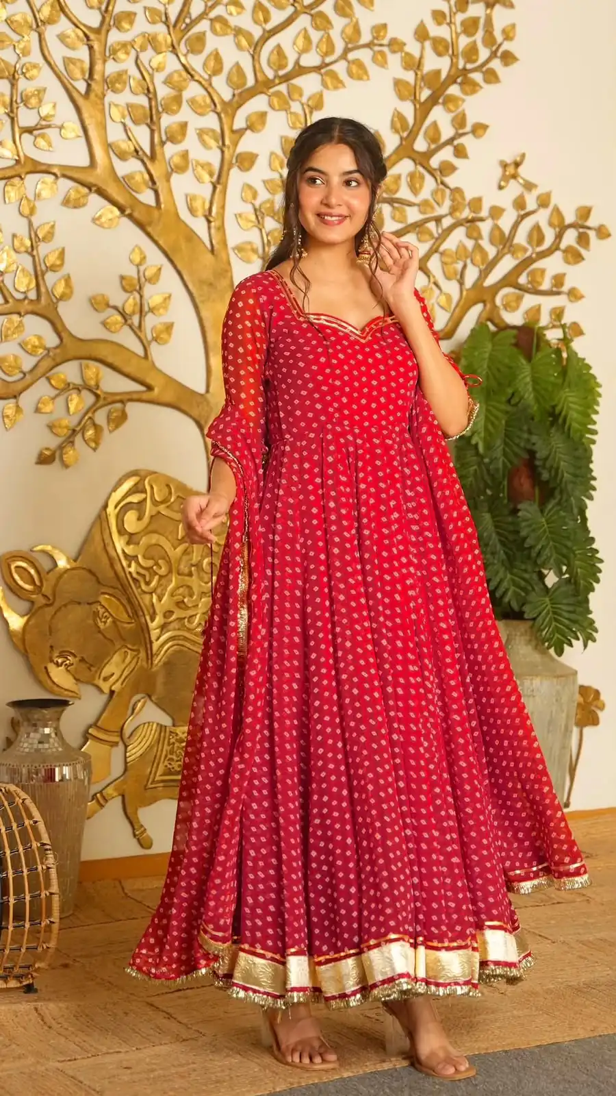 KD 1637 Red in Colour Faux Georgette Bandhani Print Work Gown. Available at ₹1999 only. Delivery 4-6 Working Days. Shop now. | Bollywood Gowns, Creative Gowns, Designer Gowns, Embroidered Gowns, Gowns, Party Wear Gowns