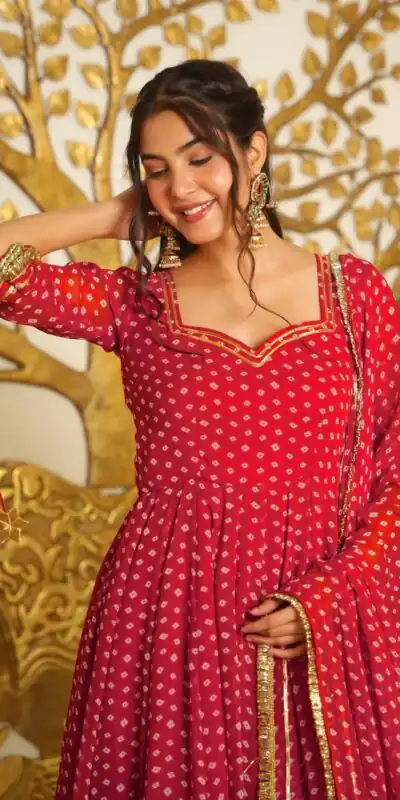 KD 1637 Red in Colour Faux Georgette Bandhani Print Work Gown. Available at ₹1999 only. Delivery 4-6 Working Days. Shop now. | Bollywood Gowns, Creative Gowns, Designer Gowns, Embroidered Gowns, Gowns, Party Wear Gowns