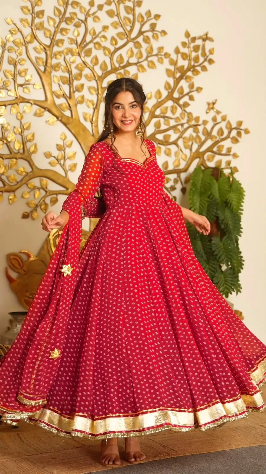 KD 1637 Red in Colour Faux Georgette Bandhani Print Work Gown. Available at ₹1999 only. Delivery 4-6 Working Days. Shop now. | Bollywood Gowns, Creative Gowns, Designer Gowns, Embroidered Gowns, Gowns, Party Wear Gowns