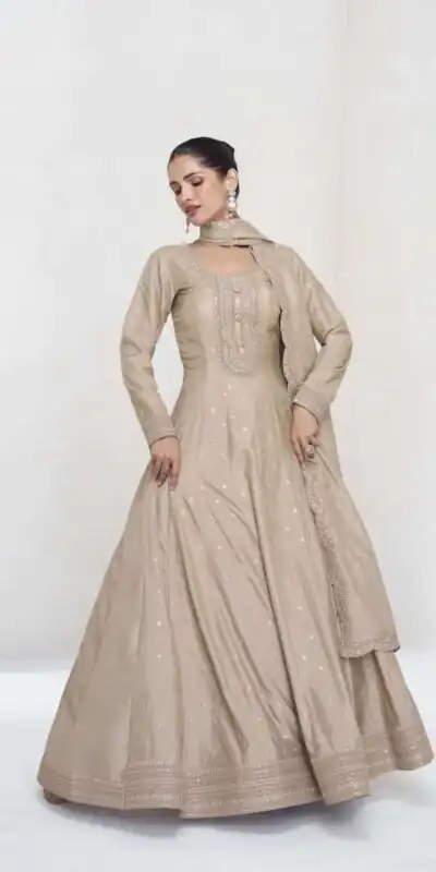 FC 10011 Cream Vichitra Silk Gown Perfect for Wedding, Party, Holi, Anniversary, Mehendi –. Grab it for ₹2649. Delivery 4-6 Working Days. Shop now. | Bollywood Gowns, Creative Gowns, Designer Gowns, Embroidered Gowns, Gowns, Party Wear Gowns