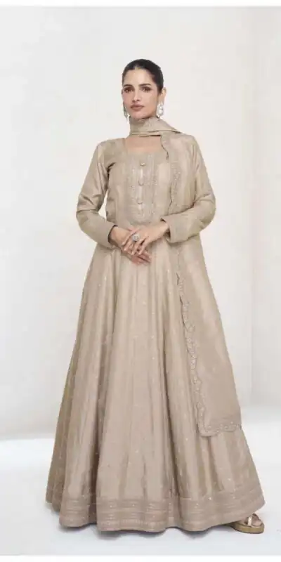 FC 10011 Cream Vichitra Silk Gown Perfect for Wedding, Party, Holi, Anniversary, Mehendi –. Grab it for ₹2649. Delivery 4-6 Working Days. Shop now. | Bollywood Gowns, Creative Gowns, Designer Gowns, Embroidered Gowns, Gowns, Party Wear Gowns
