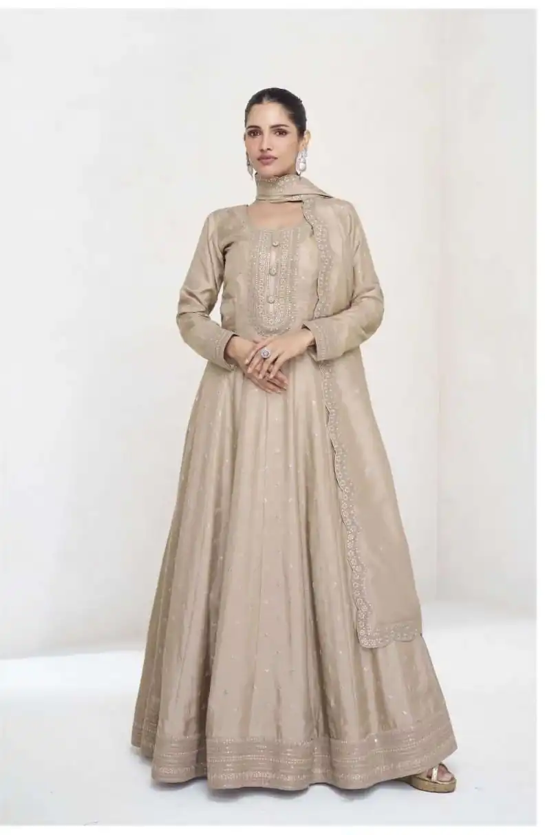 FC 10011 Cream Vichitra Silk Gown Perfect for Wedding, Party, Holi, Anniversary, Mehendi –. Grab it for ₹2649. Delivery 4-6 Working Days. Shop now. | Bollywood Gowns, Creative Gowns, Designer Gowns, Embroidered Gowns, Gowns, Party Wear Gowns