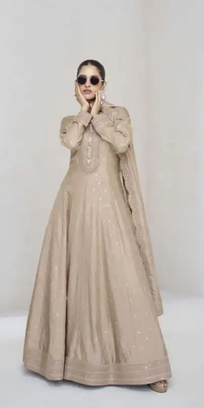 FC 10011 Cream Vichitra Silk Gown Perfect for Wedding, Party, Holi, Anniversary, Mehendi –. Grab it for ₹2649. Delivery 4-6 Working Days. Shop now. | Bollywood Gowns, Creative Gowns, Designer Gowns, Embroidered Gowns, Gowns, Party Wear Gowns