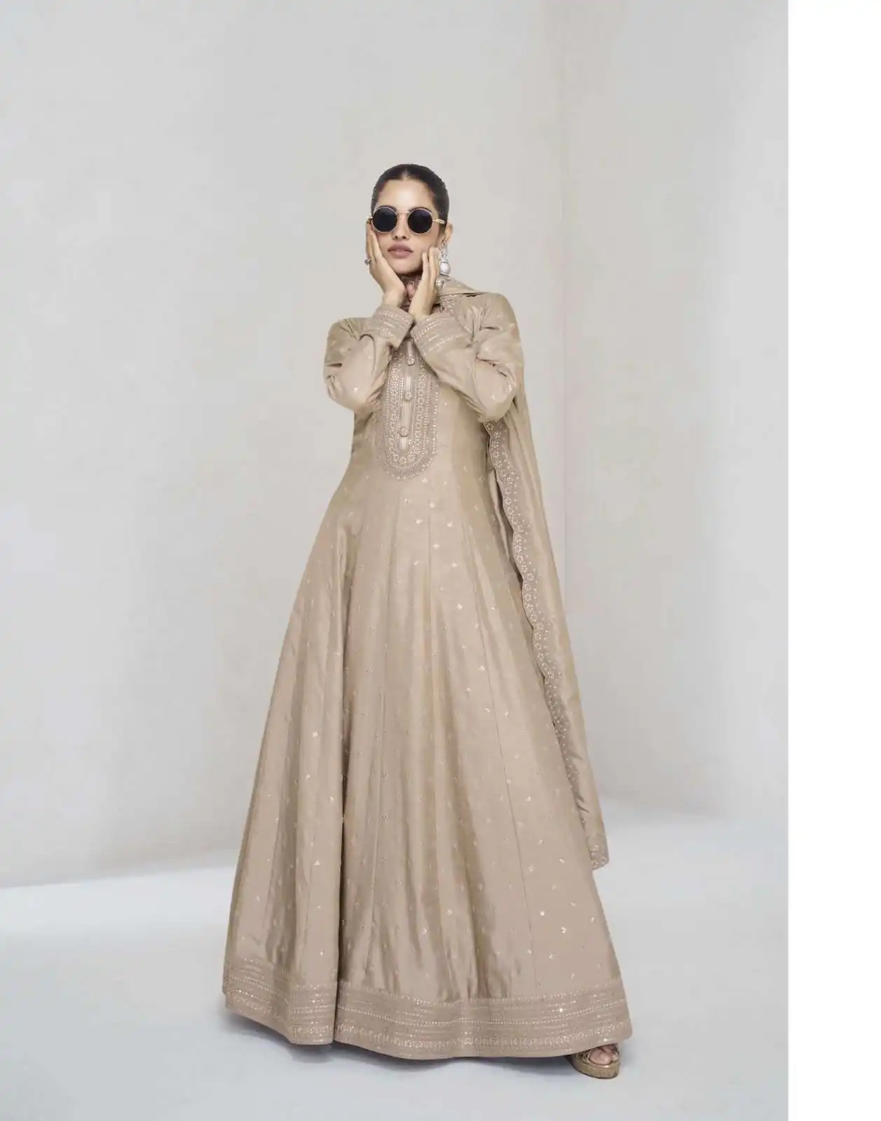 FC 10011 Cream Vichitra Silk Gown Perfect for Wedding, Party, Holi, Anniversary, Mehendi –. Grab it for ₹2649. Delivery 4-6 Working Days. Shop now. | Bollywood Gowns, Creative Gowns, Designer Gowns, Embroidered Gowns, Gowns, Party Wear Gowns