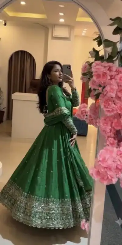 SSR 544 Green in Crunchy Silk Embroidery Work & Lace Work Gown . Special Price ₹2399. Delivery 4-6 Working Days. Shop now. | Bollywood Gowns, Creative Gowns, Designer Gowns, Embroidered Gowns, Gowns, Party Wear Gowns