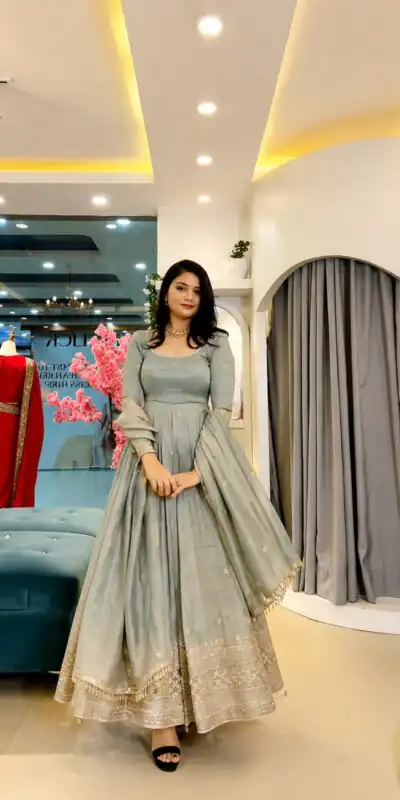 SSR 547 Grey in Crunchy Silk Embroidery Work & Lace Work Gown . Special Price ₹2399. Delivery 4-6 Working Days. Shop now. | Bollywood Gowns, Creative Gowns, Designer Gowns, Embroidered Gowns, Gowns, Party Wear Gowns