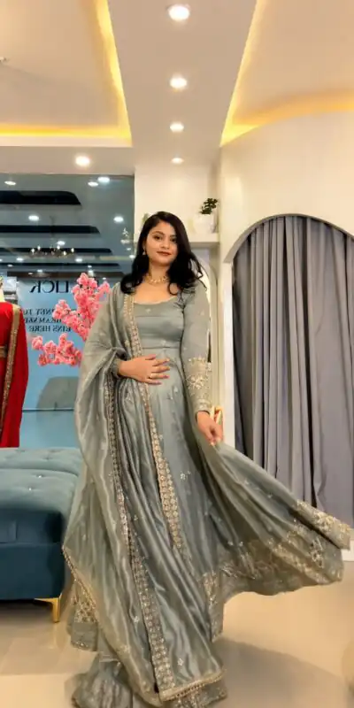 SSR 547 Grey in Crunchy Silk Embroidery Work & Lace Work Gown . Special Price ₹2399. Delivery 4-6 Working Days. Shop now. | Bollywood Gowns, Creative Gowns, Designer Gowns, Embroidered Gowns, Gowns, Party Wear Gowns