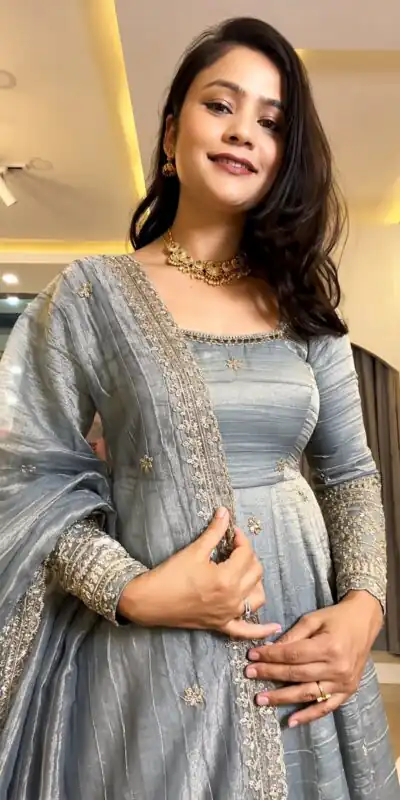 SSR 547 Grey in Crunchy Silk Embroidery Work & Lace Work Gown . Special Price ₹2399. Delivery 4-6 Working Days. Shop now. | Bollywood Gowns, Creative Gowns, Designer Gowns, Embroidered Gowns, Gowns, Party Wear Gowns