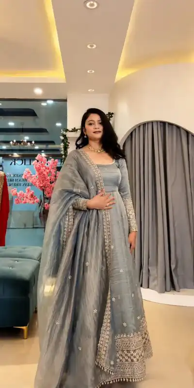 SSR 547 Grey in Crunchy Silk Embroidery Work & Lace Work Gown . Special Price ₹2399. Delivery 4-6 Working Days. Shop now. | Bollywood Gowns, Creative Gowns, Designer Gowns, Embroidered Gowns, Gowns, Party Wear Gowns
