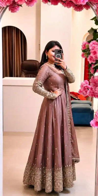 SSR 544 Onion in Crunchy Silk Embroidery Work & Lace Work Gown . Special Price ₹2399. Delivery 4-6 Working Days. Shop now. | Bollywood Gowns, Creative Gowns, Designer Gowns, Embroidered Gowns, Gowns, Party Wear Gowns