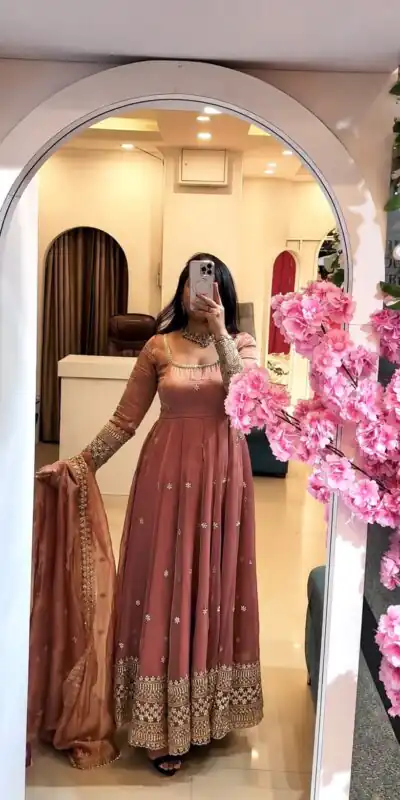 SSR 547 Peach in Crunchy Silk Embroidery Work & Lace Work Gown . Special Price ₹2399. Delivery 4-6 Working Days. Shop now. | Bollywood Gowns, Creative Gowns, Designer Gowns, Embroidered Gowns, Gowns, Party Wear Gowns