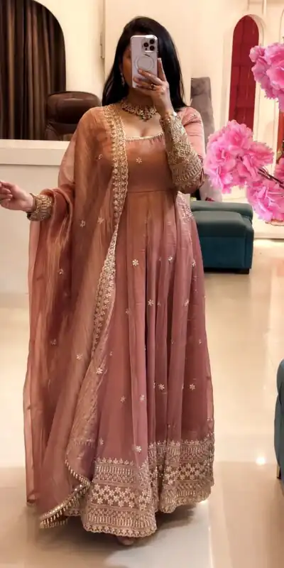 SSR 547 Peach in Crunchy Silk Embroidery Work & Lace Work Gown . Special Price ₹2399. Delivery 4-6 Working Days. Shop now. | Bollywood Gowns, Creative Gowns, Designer Gowns, Embroidered Gowns, Gowns, Party Wear Gowns